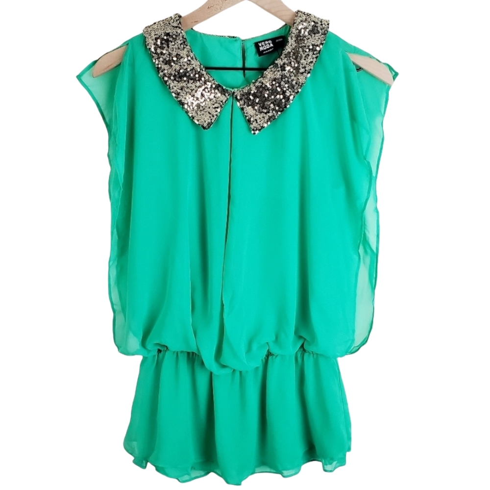 Vero Moda Green and Gold Sequin Peplum Blouse Small New with Tags